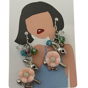 Silver Bunny Earrings with Pink Floral Accents